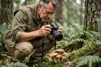 Photographe naturaliste accroupi en forêt captant un champignon sauvage avec son appareil photo professionnel
