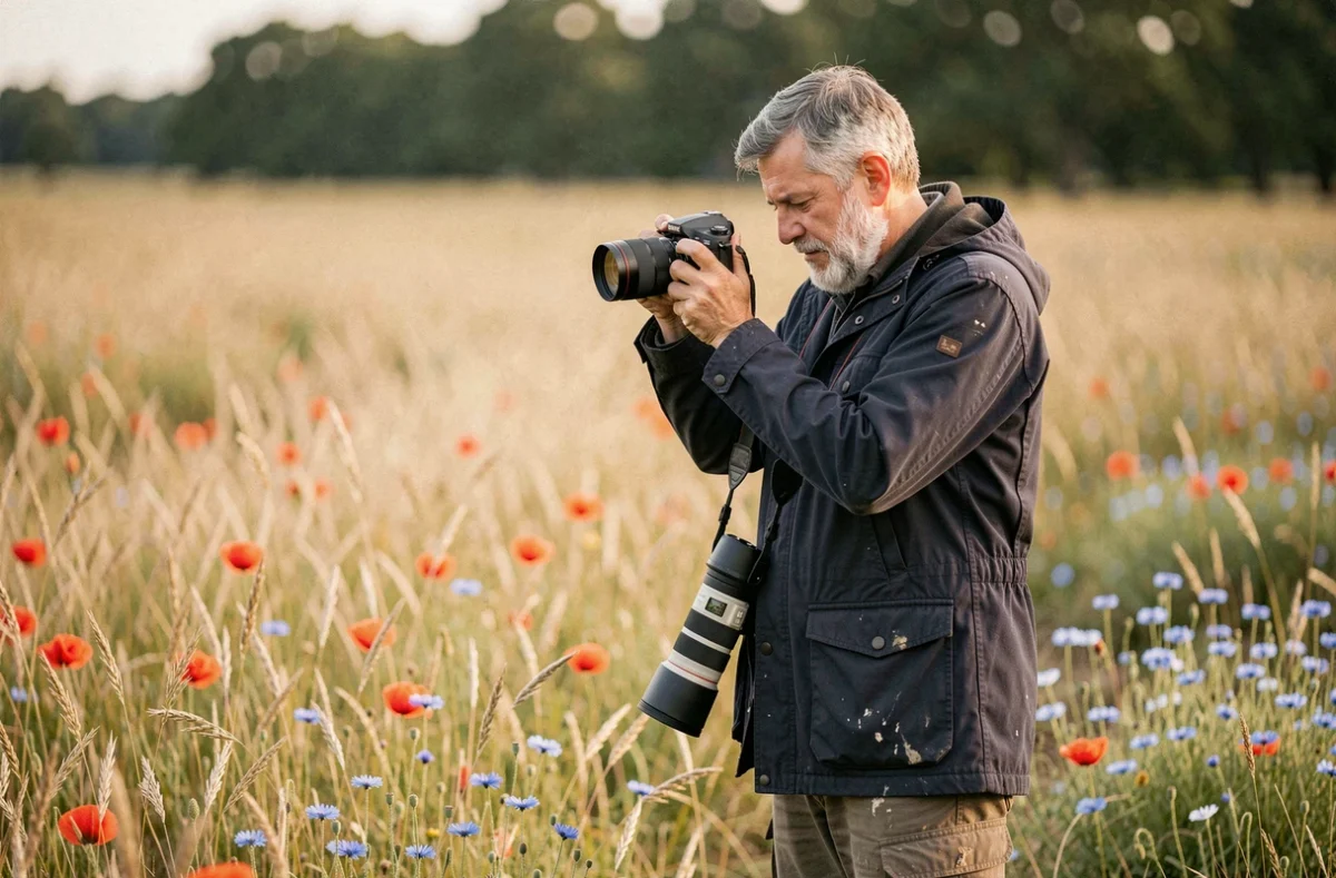 Photographe naturaliste en prairie sauvage révisant ses clichés sur son appareil entouré de fleurs des champs