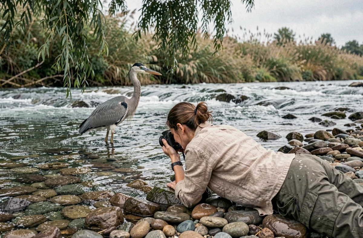 Photographe naturaliste allongée sur les rochers au bord d'une rivière photographiant un héron sauvage