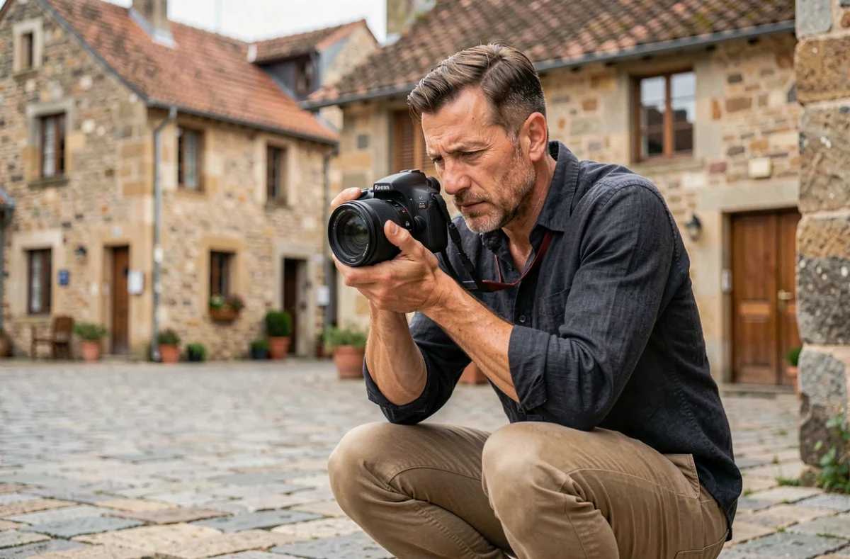 Photographe professionnel à Craponne en action lors d'une séance photo en extérieur dans le village