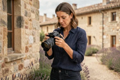 Photographe professionnelle en extérieur à Montélimar devant une façade en pierre historique avec un appareil photo reflex