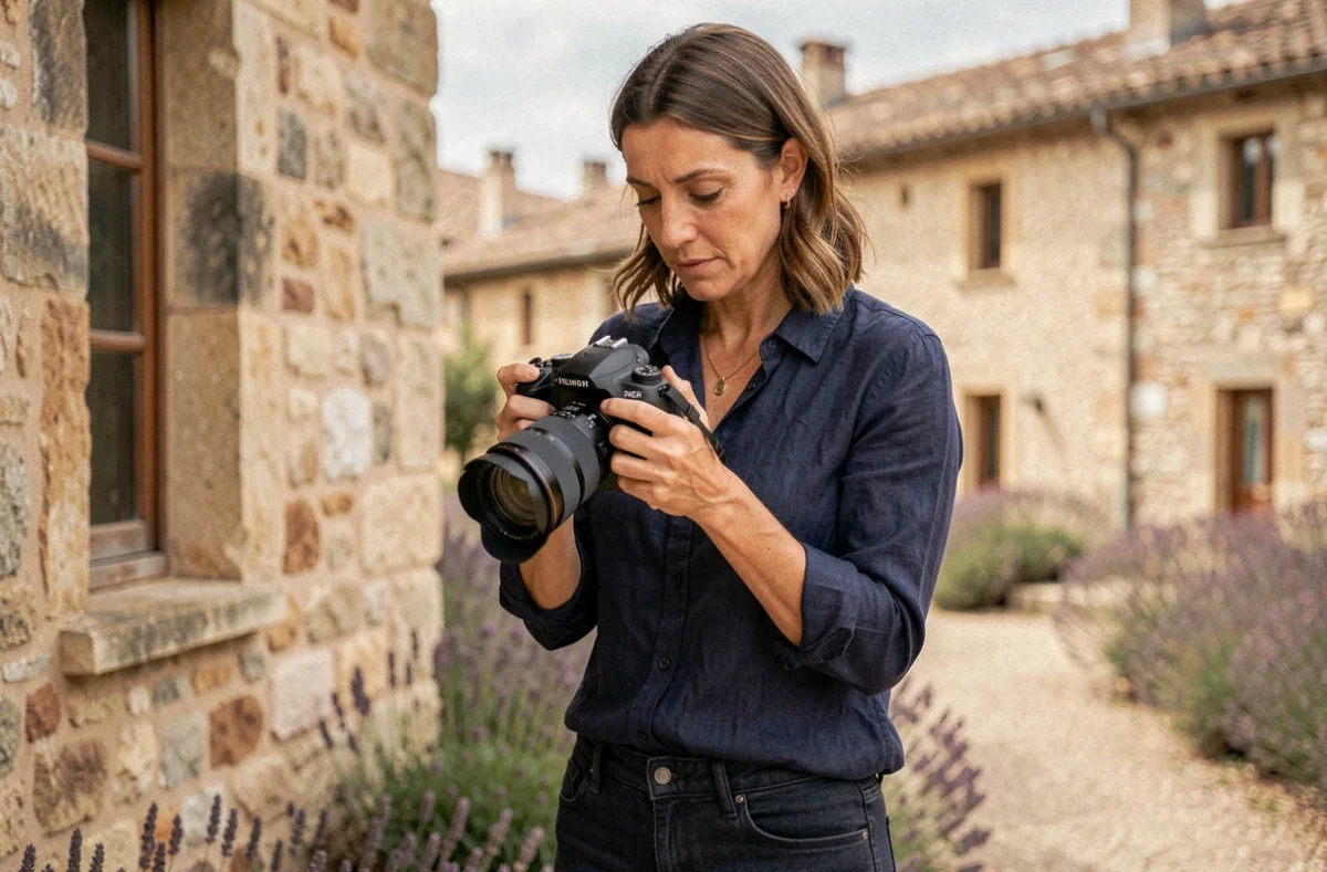 Photographe professionnelle en extérieur à Montélimar devant une façade en pierre historique avec un appareil photo reflex