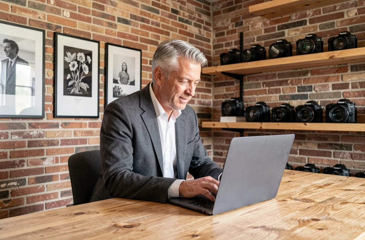 Photographe masculin travaillant dans un studio photo professionnel à Montélimar avec matériel photo et tirages encadrés