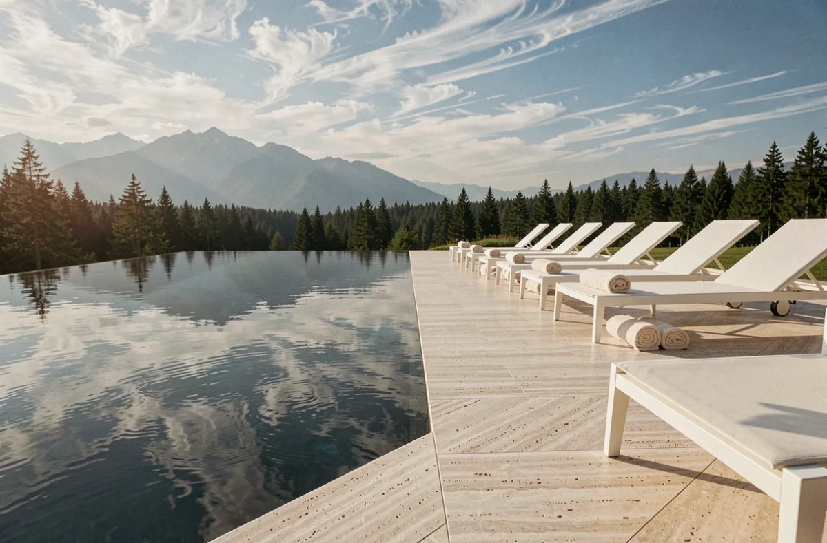 Piscine à débordement d'hôtel de montagne avec transats blancs et reflet du paysage forestier dans l'eau