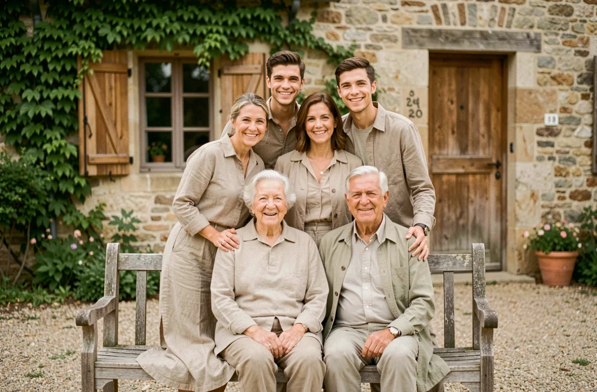 Portrait de famille multigénérationnelle devant une ferme en pierre lors d'une séance photo à Craponne