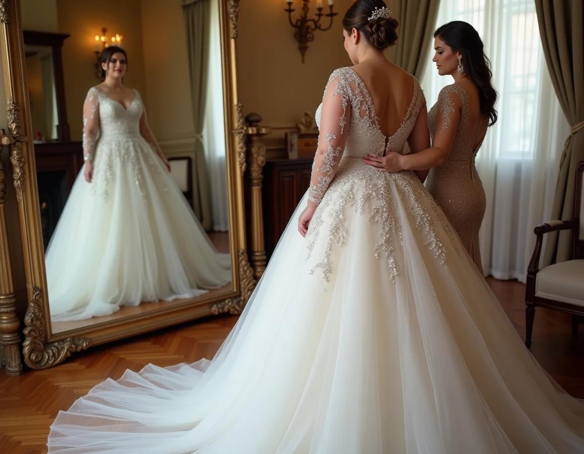 Mariée ronde en robe princesse paillettes préparée dans une salle d'habillage élégante devant un grand miroir