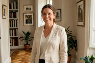 Portrait d'une présentatrice télévision souriante dans un couloir d'appartement parisien élégant, évoquant la vie privée et la discrétion