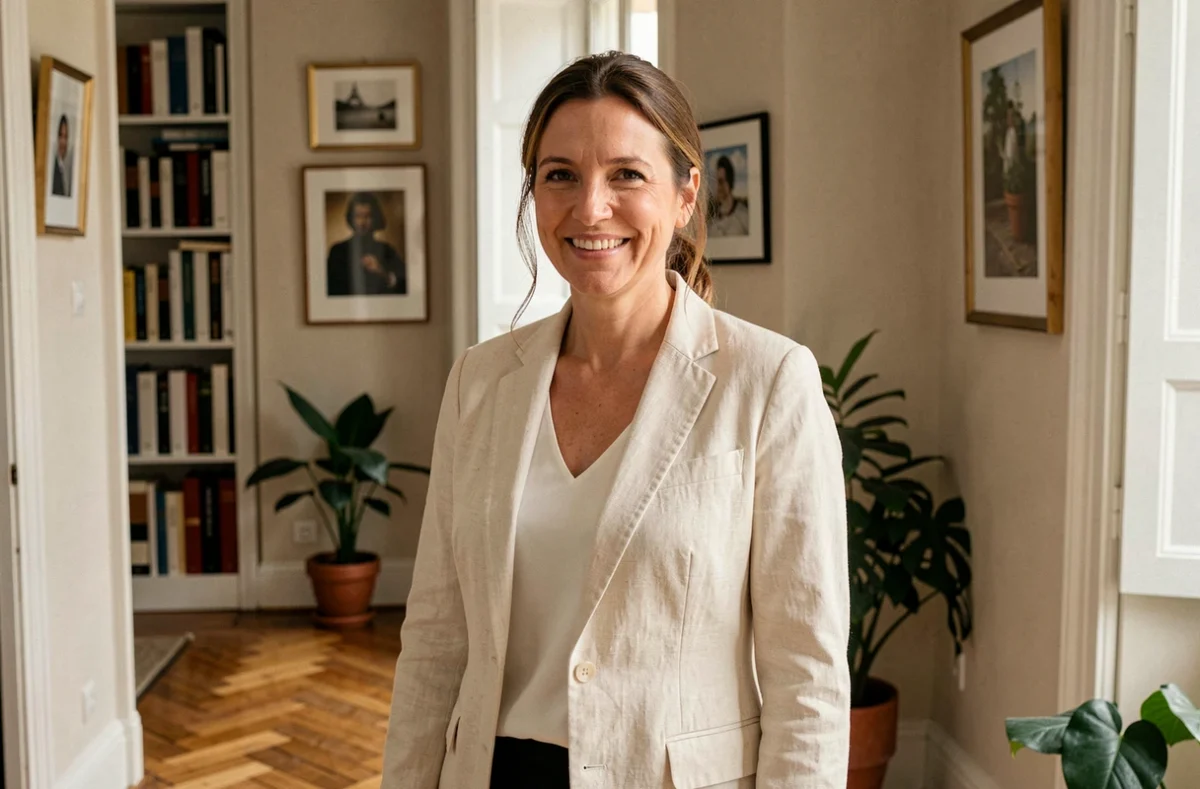 Portrait d'une présentatrice télévision souriante dans un couloir d'appartement parisien élégant, évoquant la vie privée et la discrétion
