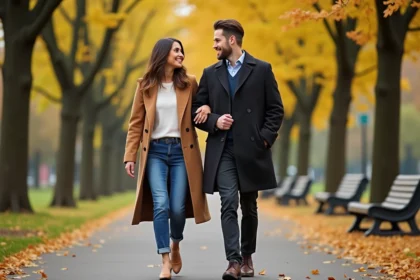Couple élégant dans un parc automnal en ville