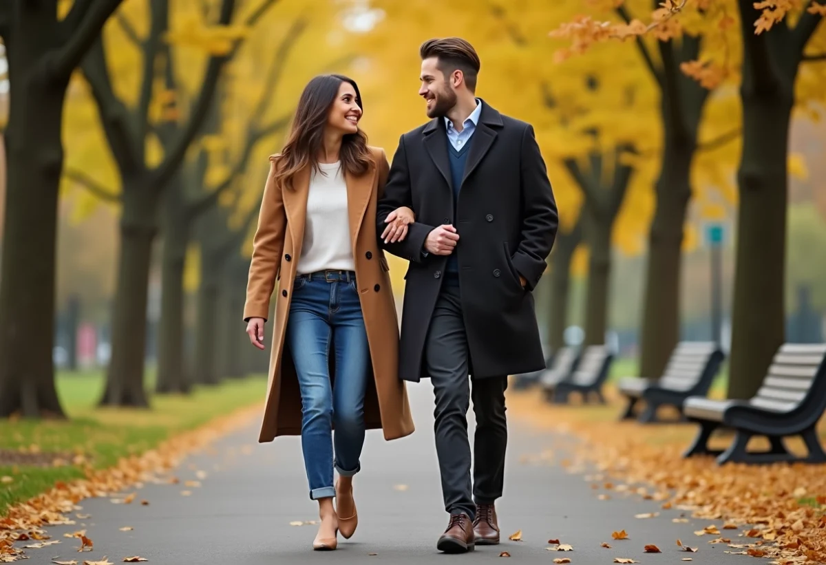 Couple élégant dans un parc automnal en ville