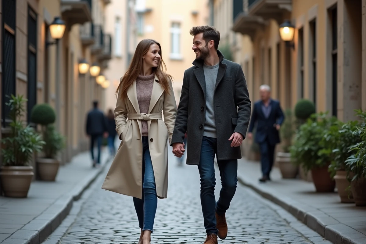 Jenifer et Ambroise se promènent ensemble dans une rue pavée d'un quartier historique, souriant et partageant un moment complice