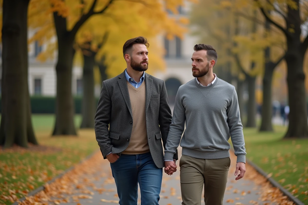 Hommes se promenant main dans la main dans un parc automnal