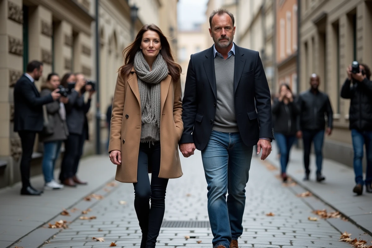 Couple marchant dans la rue en automne en ville