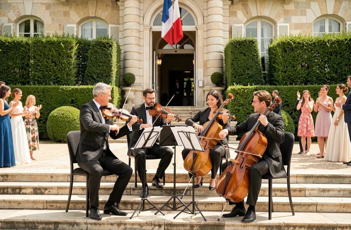 Quatuor à cordes jouant de la musique classique sur les marches d'une mairie lors d'une cérémonie de mariage civil en France
