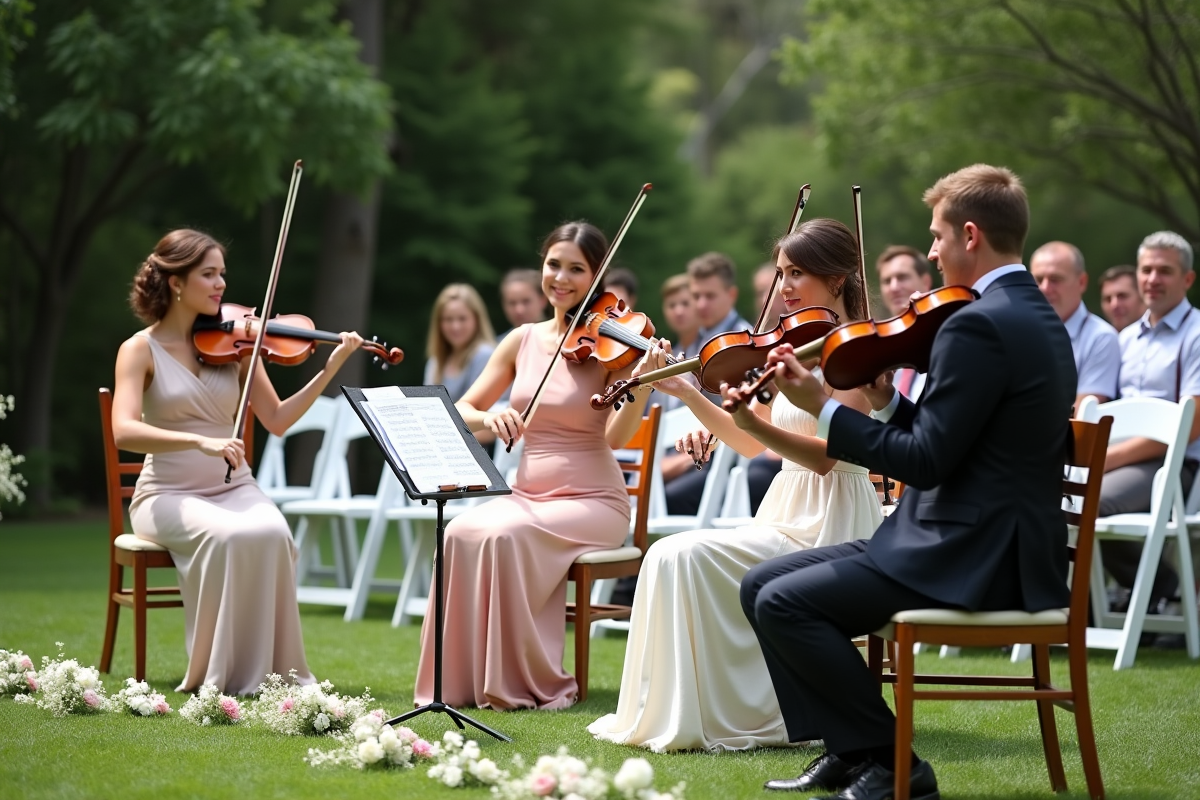 Quatuor à cordes lors d’un mariage en plein air