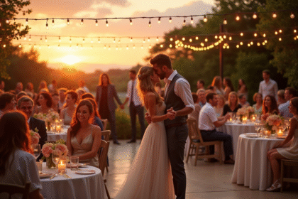 Réception de mariage en extérieur au coucher du soleil avec invités et danse