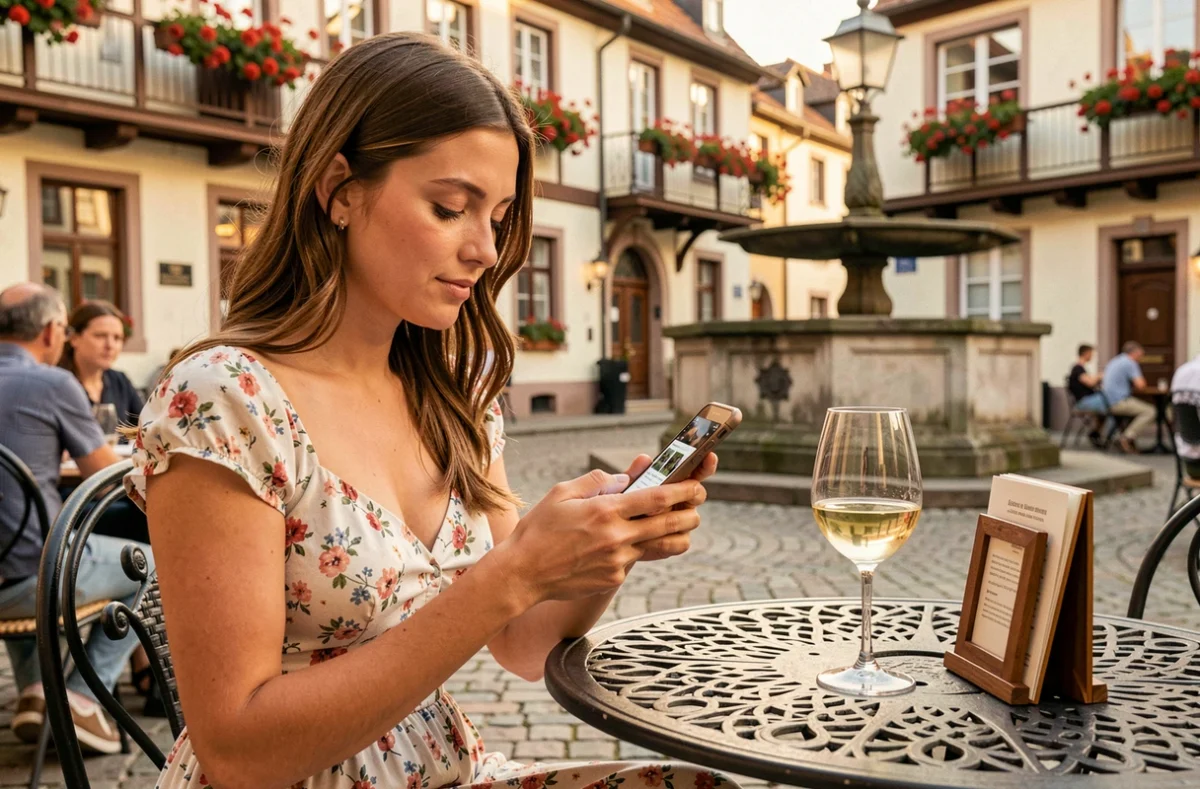 Jeune femme recherchant un photographe à Obernai sur son smartphone depuis une terrasse de café alsacienne