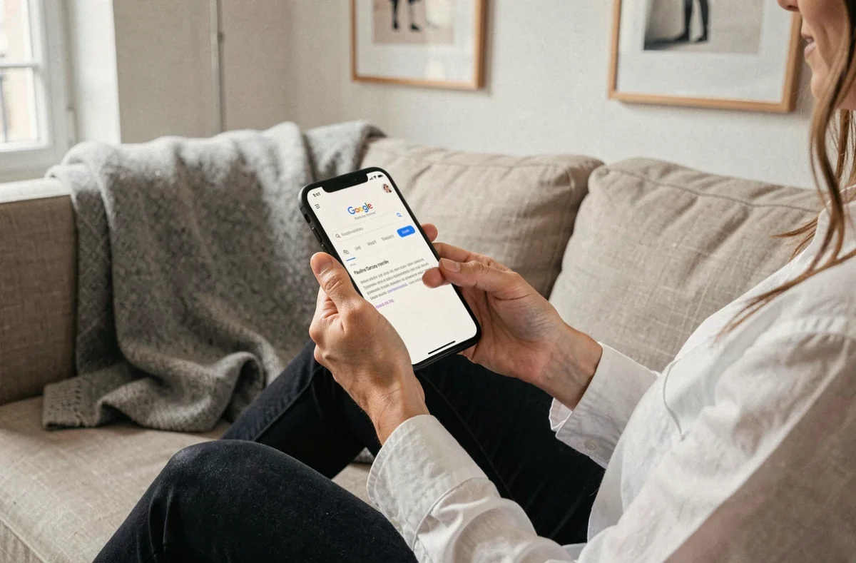 Gros plan d'une recherche Google sur smartphone avec la requête Pauline Sanzey mariée dans un appartement parisien