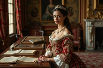 Portrait d'une reine en robe opulente du XVIIe siècle à Versailles