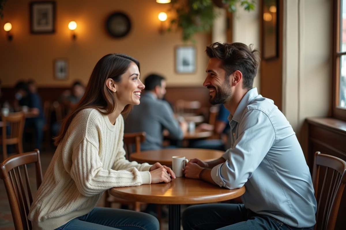 Jenifer et Ambroise se rencontrent pour la première fois dans un café parisien, assis face à face en pleine conversation animée