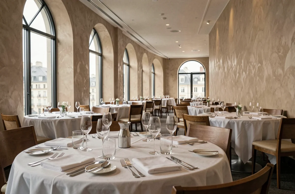 Salle de restaurant d'hôtel haut de gamme photographiée en grand angle avec tables dressées et architecture élégante