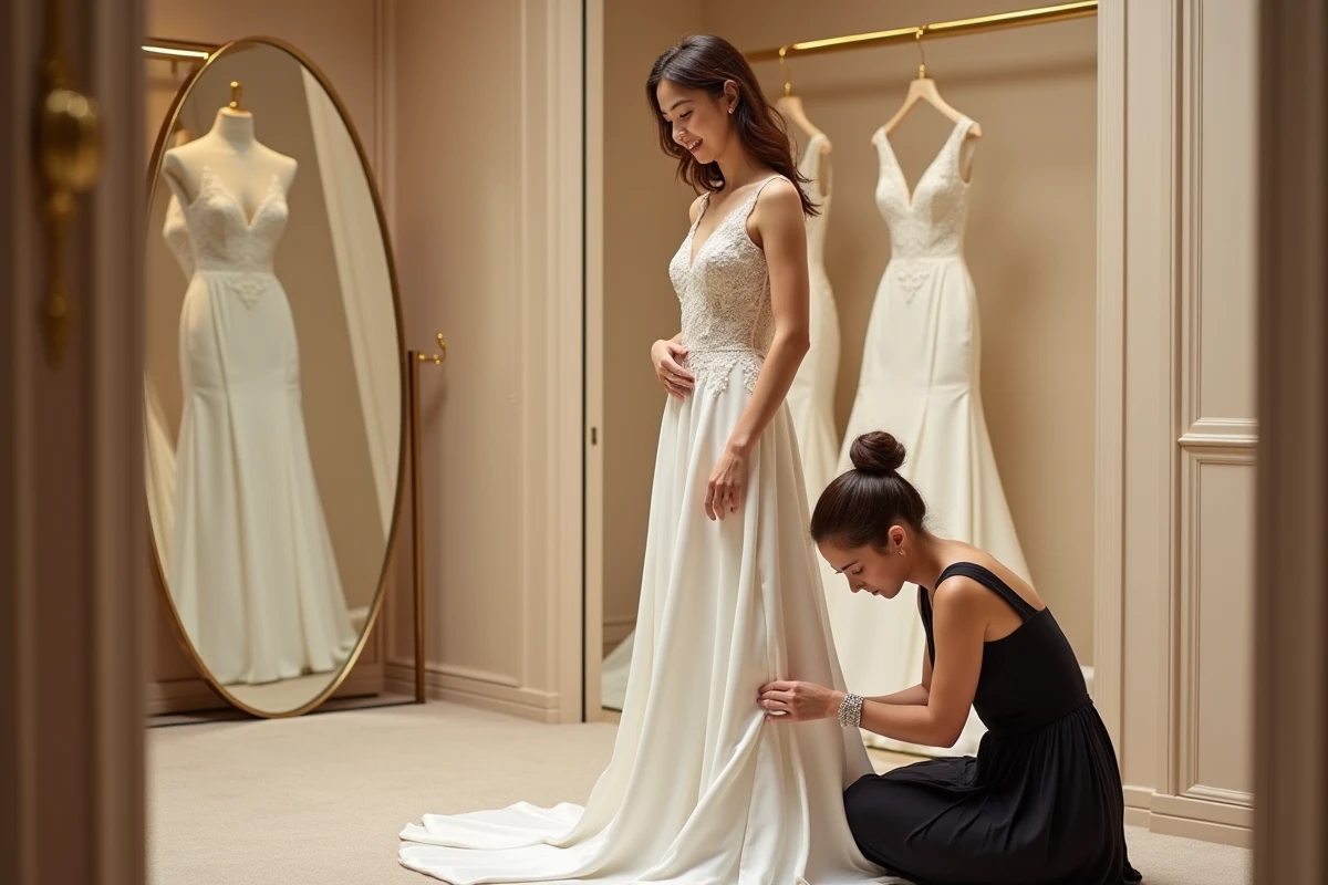 Petite mariée en robe ajustée par une couturière dans un salon de retouche de robe de mariée