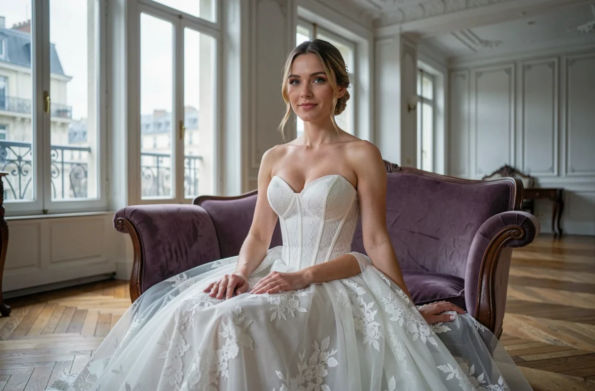 Jeune mariée en robe bustier dentelle assise sur une chaise longue dans un appartement parisien classique