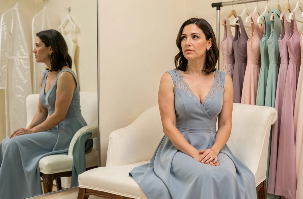 Femme indécise en robe de cérémonie mariage bleu pastel assise dans une cabine d'essayage de boutique