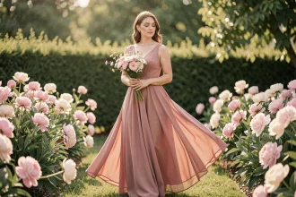 Femme en robe de cérémonie mariage pastel rose poudré dans un jardin fleuri