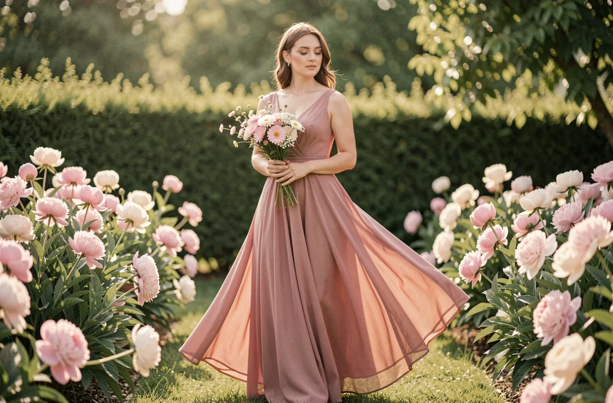 Femme en robe de cérémonie mariage pastel rose poudré dans un jardin fleuri