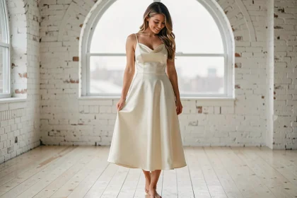 Jeune mariée en robe de mariée simple en satin ivoire coupe A-line dans un loft aux murs de briques blanchis, ambiance épurée et naturelle