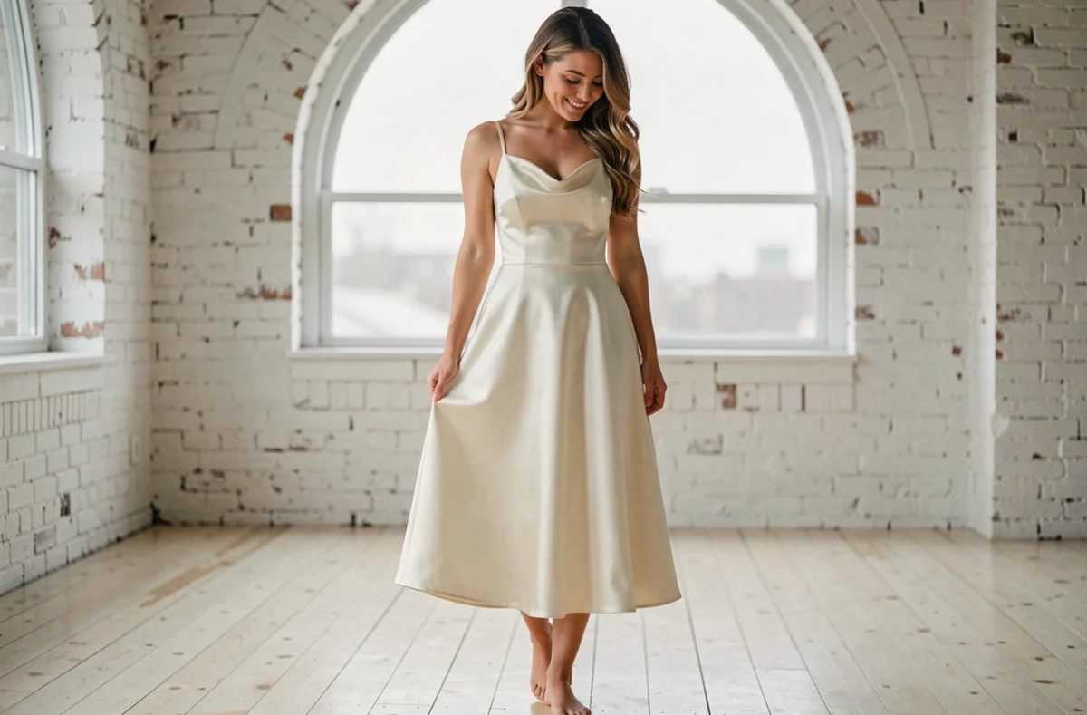 Jeune mariée en robe de mariée simple en satin ivoire coupe A-line dans un loft aux murs de briques blanchis, ambiance épurée et naturelle
