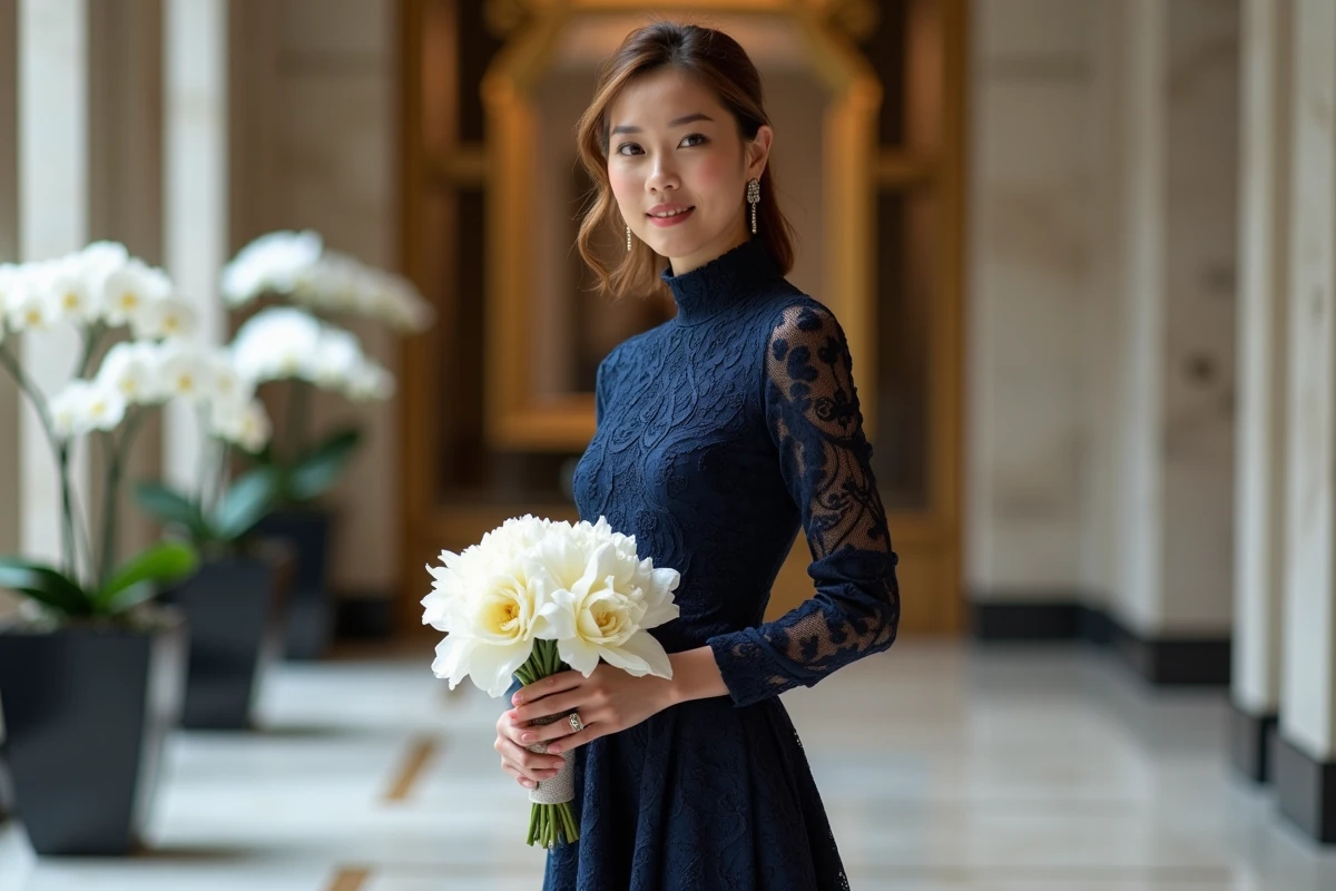 Femme élégante en robe dentelle bleu marine dans le hall d'un hôtel de luxe pour un mariage