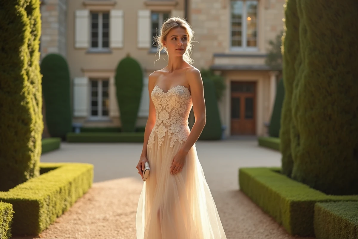 Femme en robe dentelle ivoire midi devant un château français lors d'un mariage chic en 2026