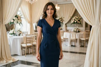 Femme portant une robe fourreau bleu marine parfaitement ajustée lors d'une réception de mariage élégante