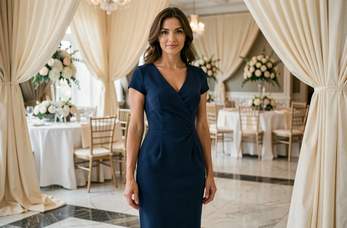 Femme portant une robe fourreau bleu marine parfaitement ajustée lors d'une réception de mariage élégante
