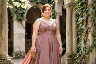 Femme grande taille en robe longue rose poudré brodée, invitée de mariage élégante dans un jardin fleuri en 2026