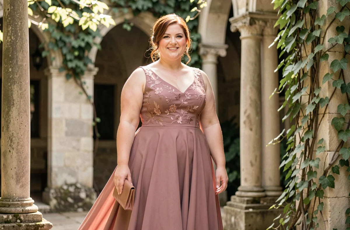 Femme grande taille en robe longue rose poudré brodée, invitée de mariage élégante dans un jardin fleuri en 2026