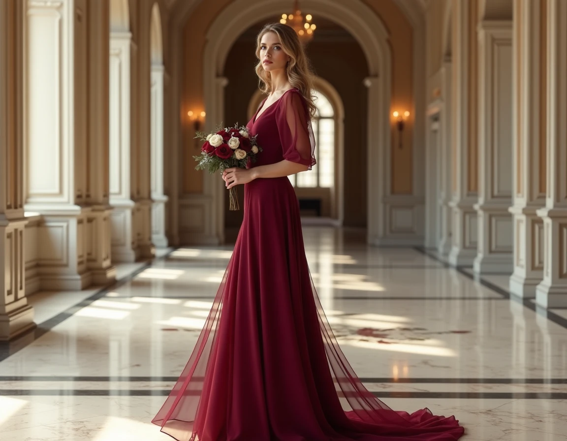 Femme en longue robe bordeaux en mousseline tenant un bouquet de roses rouges dans une salle de réception de mariage élégante