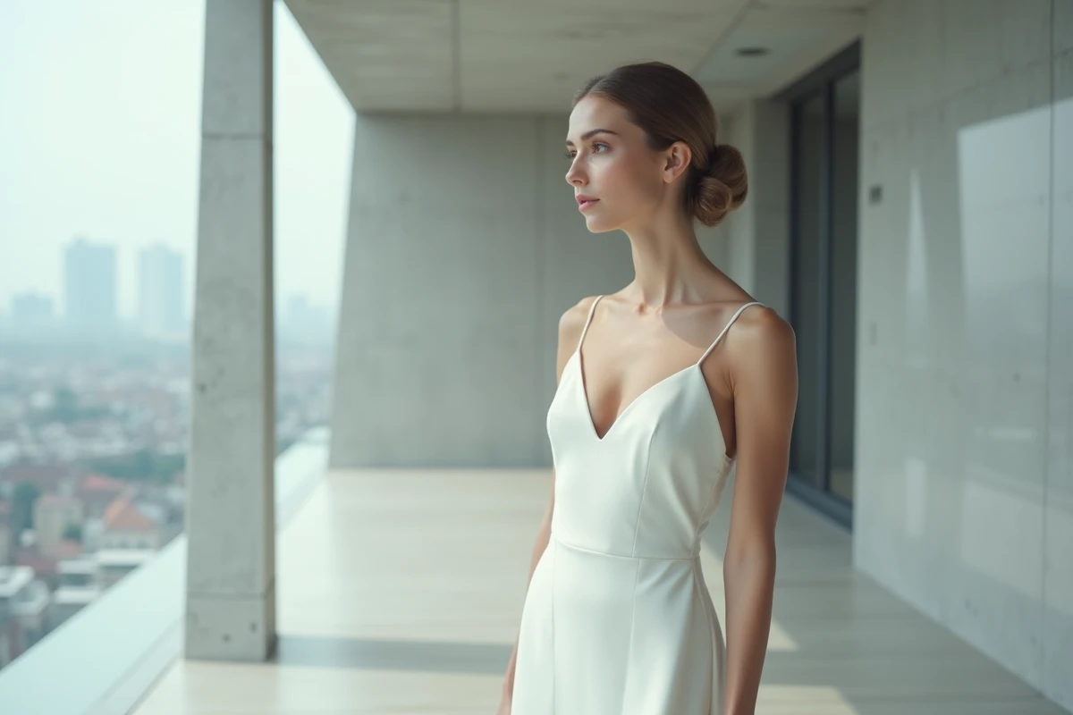 Mariée en robe de mariée minimaliste blanche en satin coupe colonne dans un intérieur architectural moderne en béton