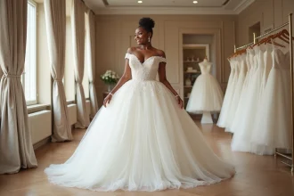 Femme confiante en robe de mariée volumineuse dans une boutique élégante