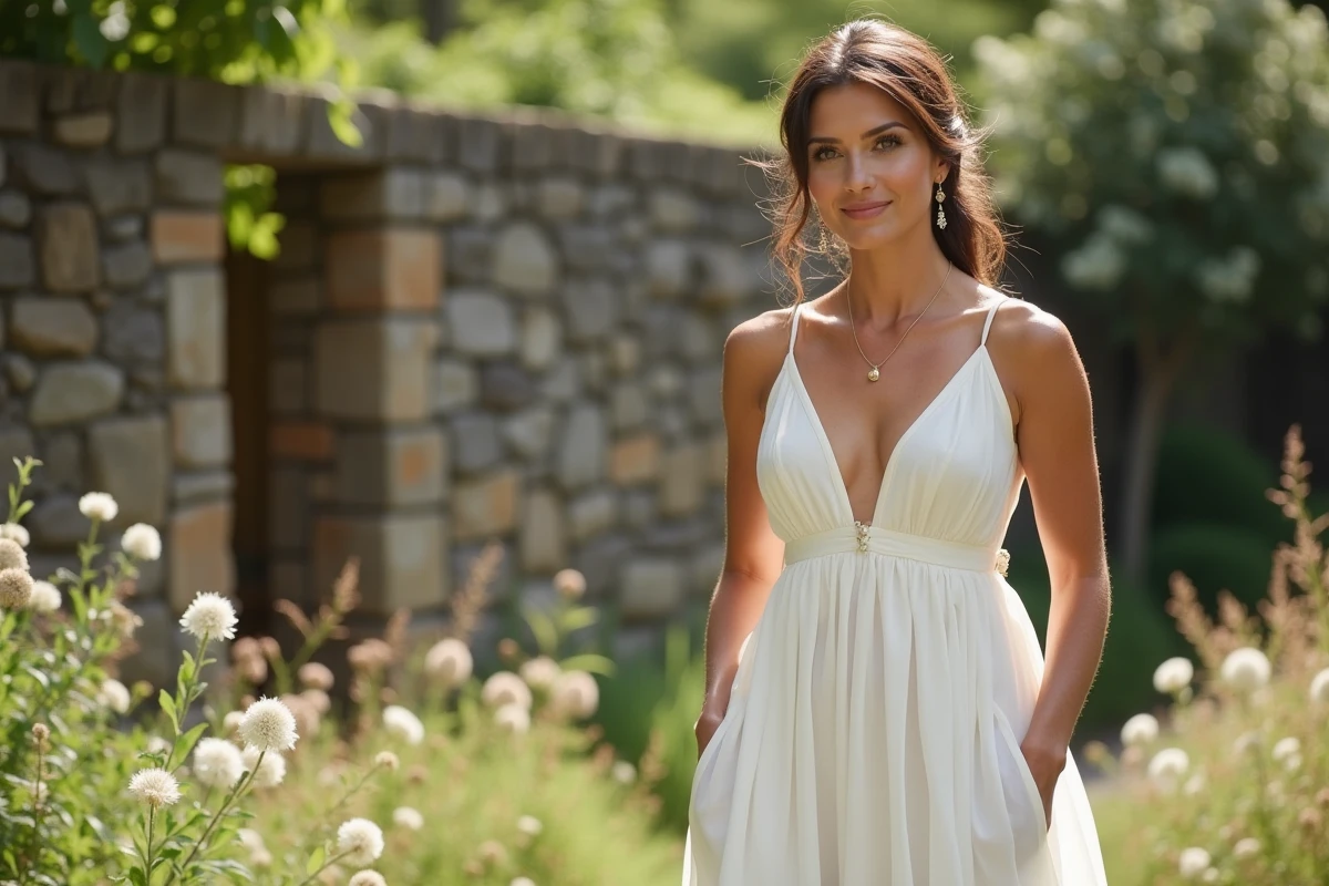 Mariée en robe de mariée chiffon minimaliste et abordable dans un jardin fleuri avec mur en pierre