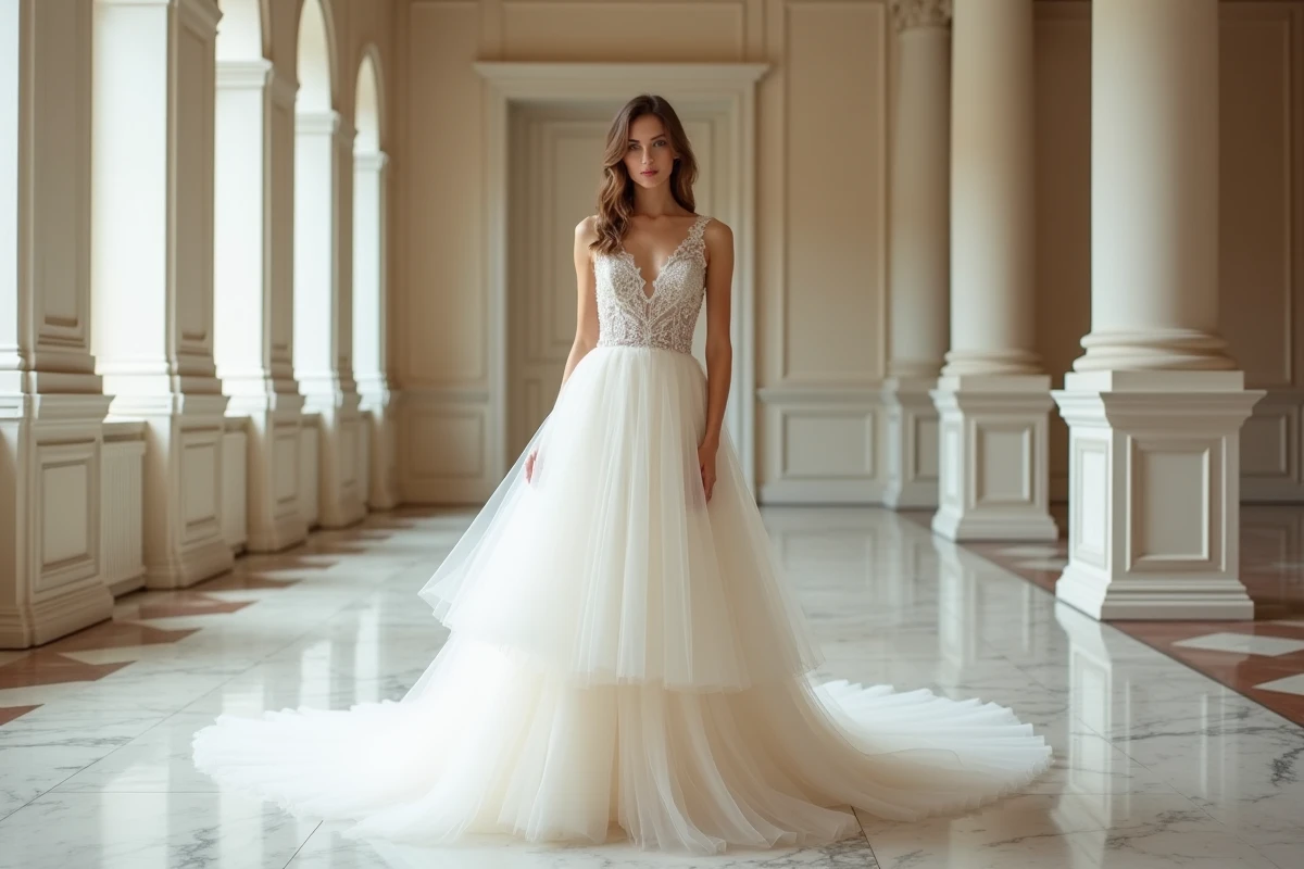 Robe de mariée asymétrique en tulle multicouches avec traîne longue dans un salon de mariage élégant
