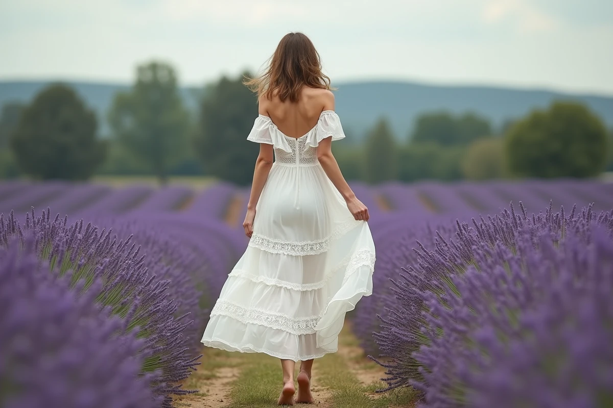 Mariée en robe boho blanche marchant dans un champ de lavande en Provence, mariage champêtre 2026