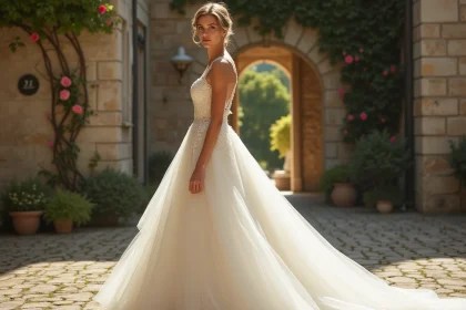 Mariée en robe blanche ivoire avec dentelle dans une cour de château français, tendances mariage 2026