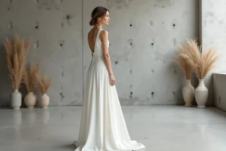 Mariée en robe blanche minimaliste en crêpe ivoire devant un mur en béton brut, coiffure chignon bas élégante