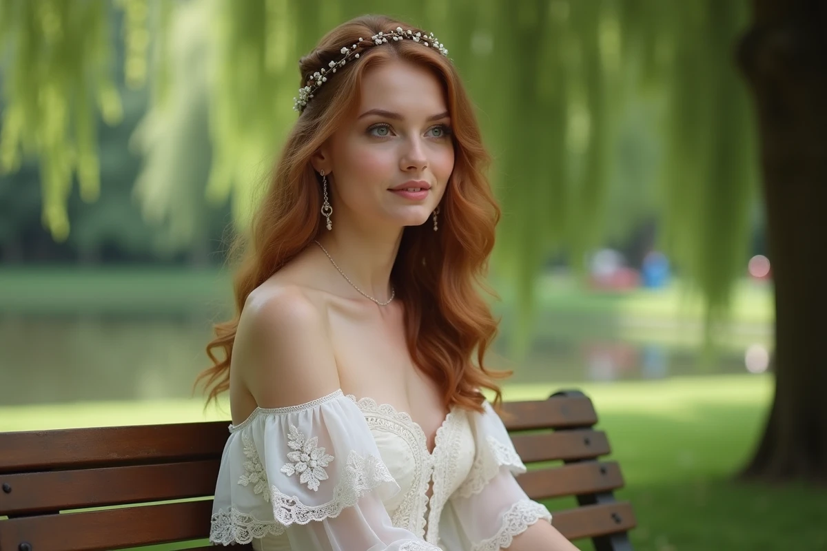 Mariée en robe bohème fleurie assise dans un parc à Strasbourg pour une séance photo de location