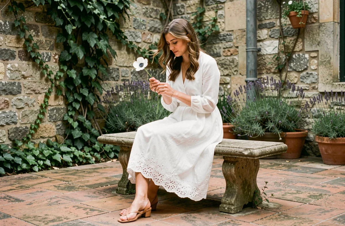 Mariée en robe de mariée midi en voile de coton blanc avec broderie anglaise, assise dans une cour intérieure rustique avec des pavés en terre cuite et de la lavande en pot