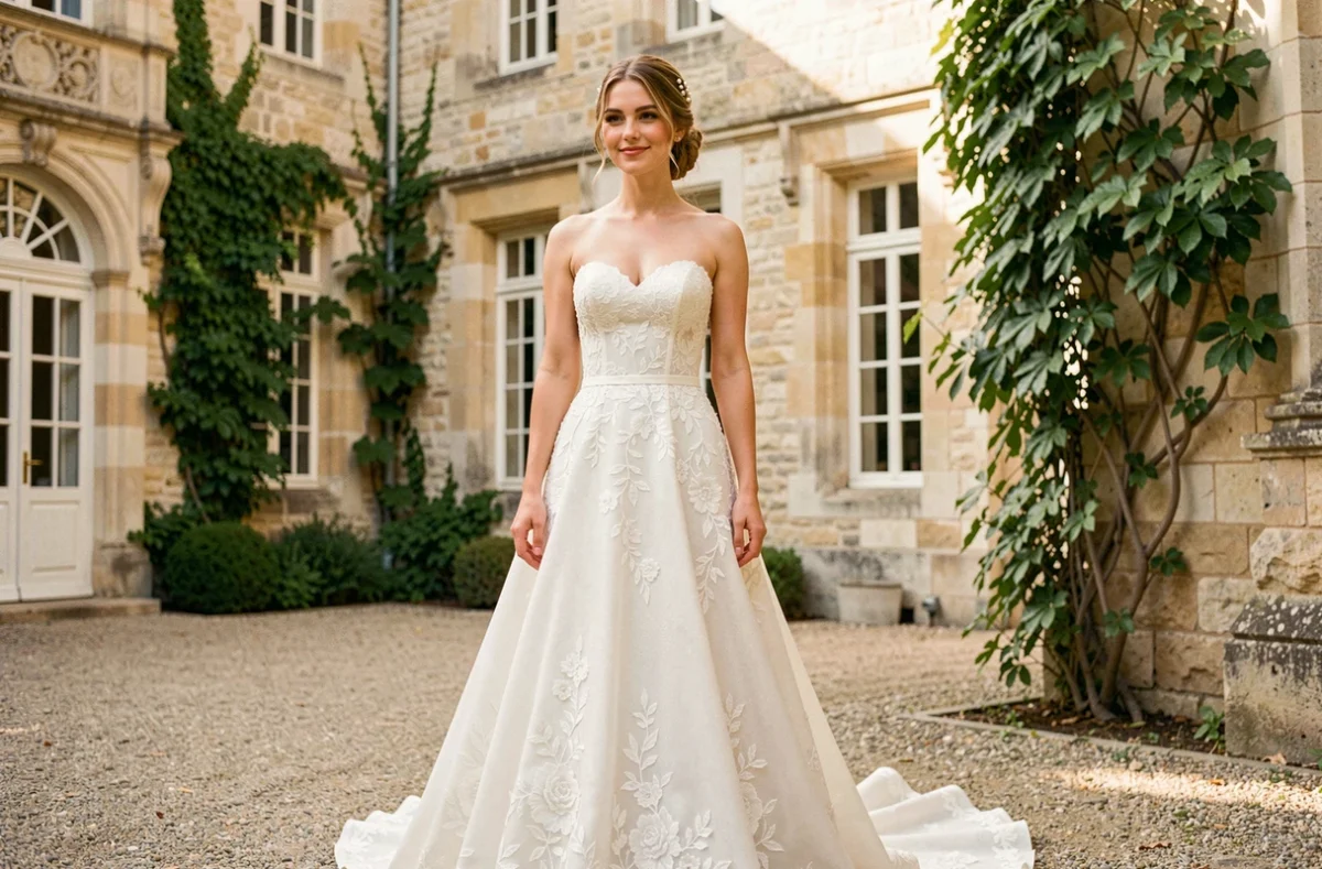 Mariée en robe bustier dentelle dans la cour d'un château français, longueur totale, style élégant et intemporel