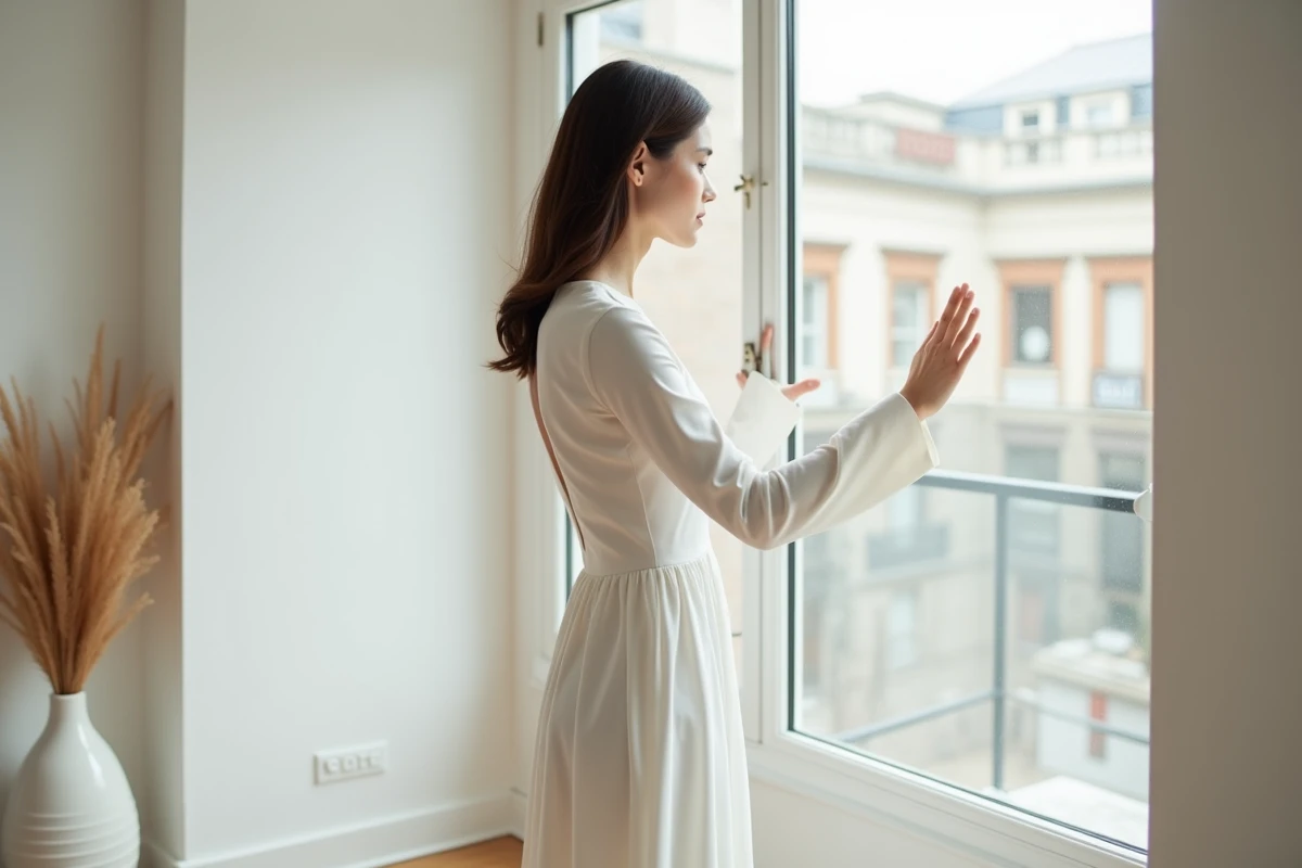 Mariée en robe colonne blanche minimaliste à col rond debout près d'une fenêtre dans un intérieur contemporain chaleureux